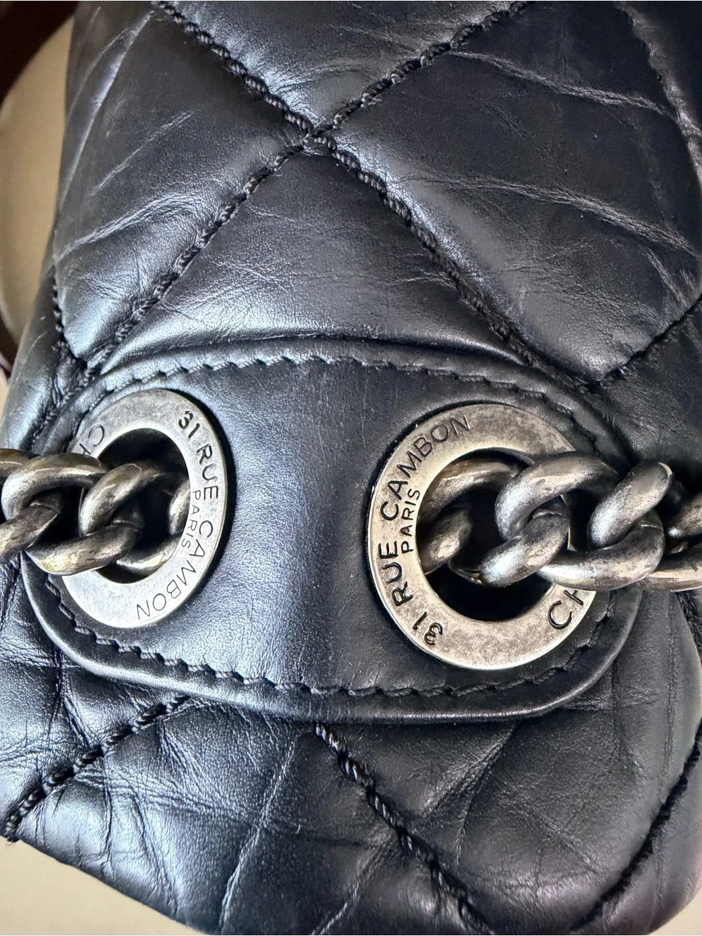 Chanel Shoulder Flap Bag Black Quilted Lambskin w/burgundy | Ruthenium Hardware